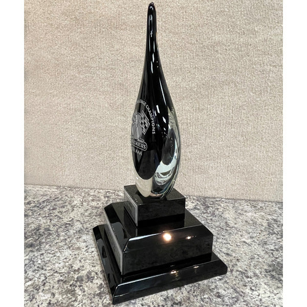 Black and Clear Art Glass Teardrop with Base, angled view
