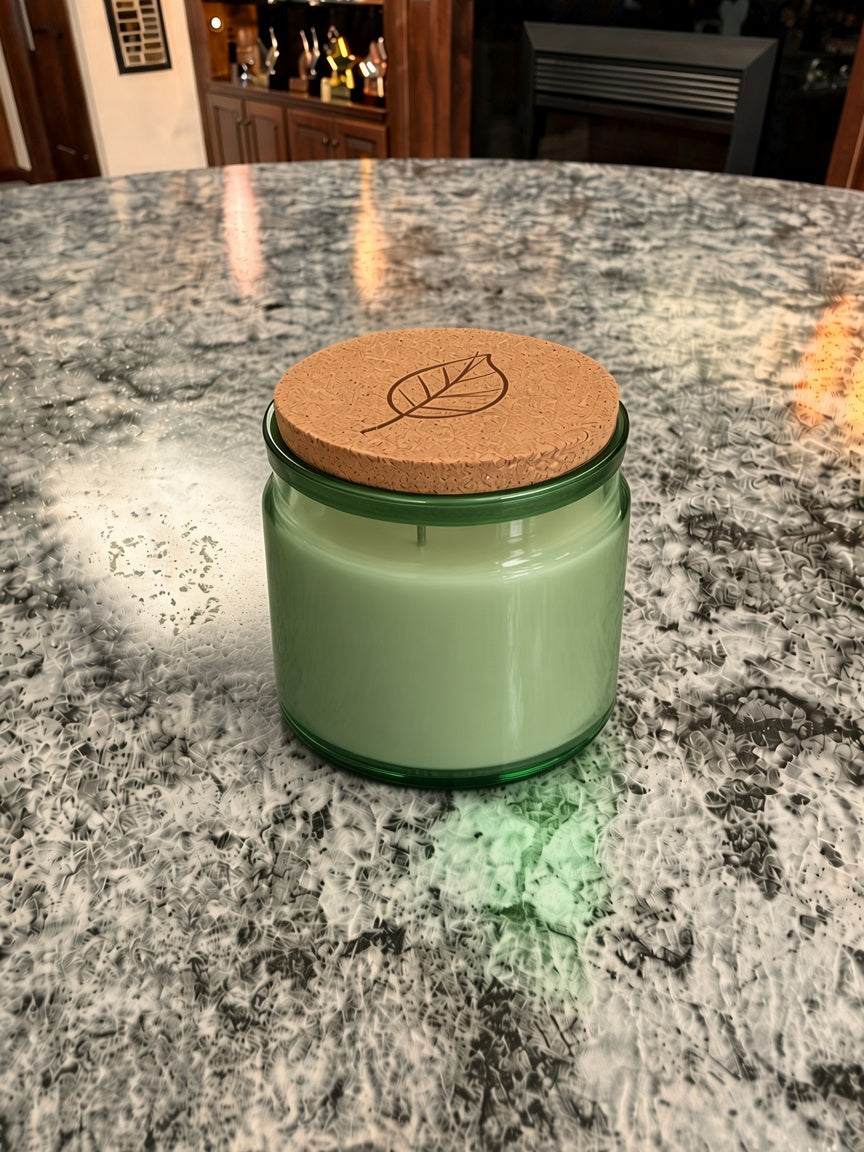 Citronella candle in green glass with engraved cork lid