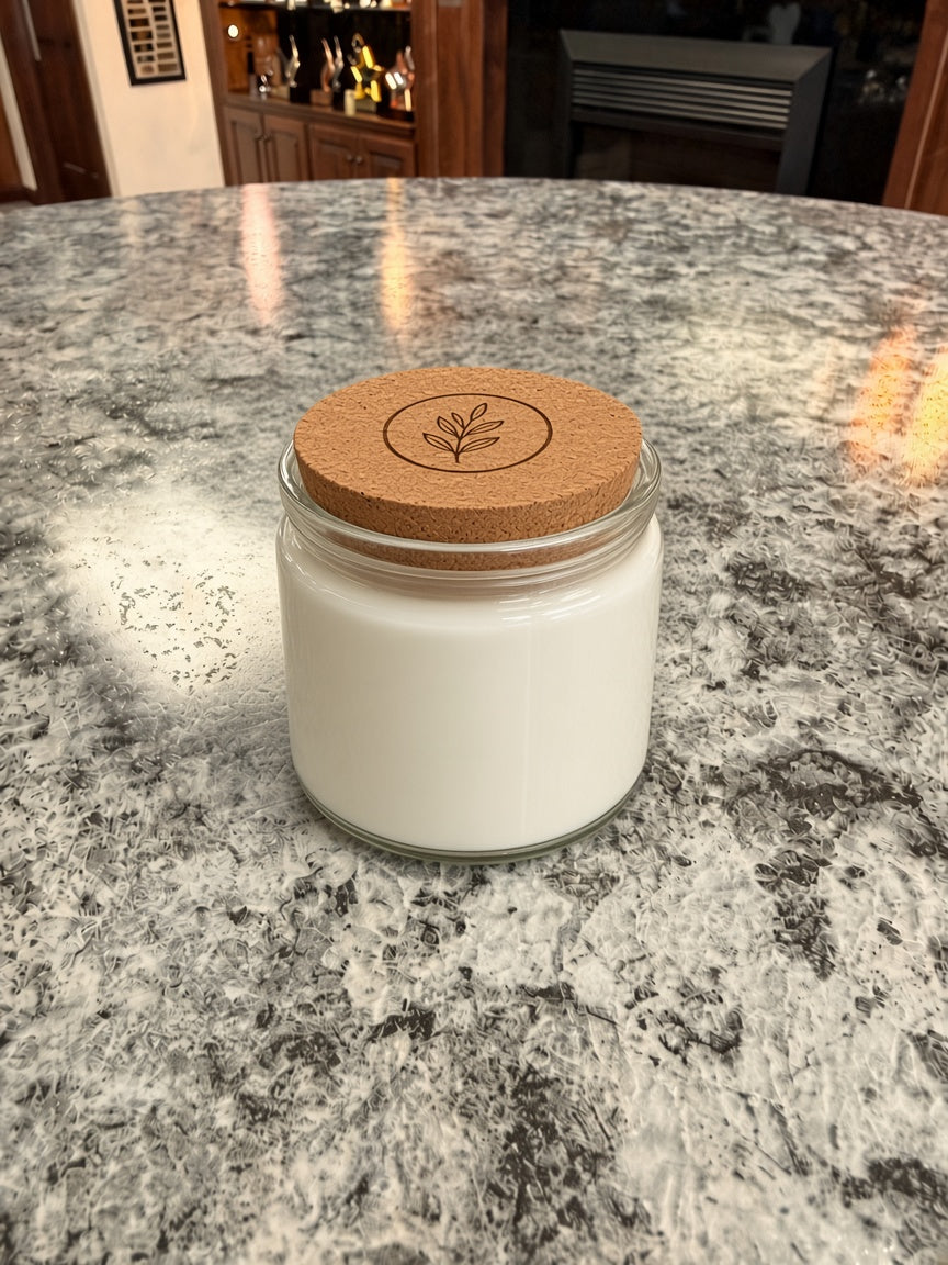 Custom engraved 14 oz candle in glass holder with cork lid