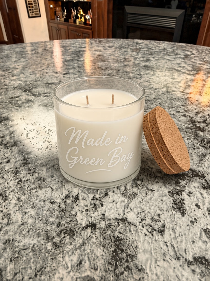 Custom sand-etched 14 oz glass candle with frosted side design and cork lid