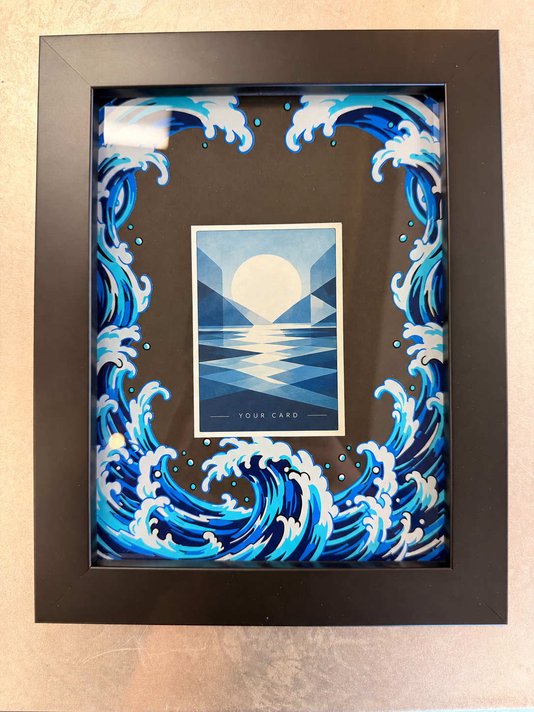 Fire design custom trading card display frame with illustrative sample card; card not included