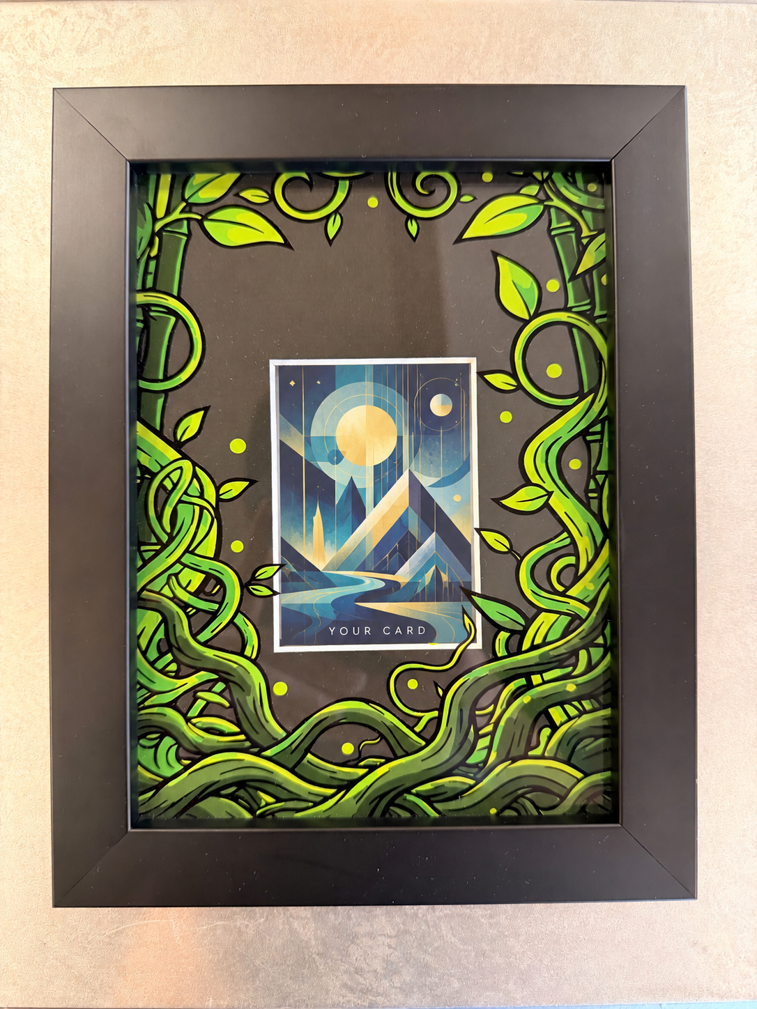 Water design custom trading card display frame with illustrative sample card; card not included