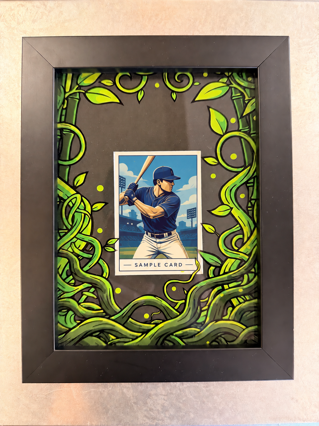 Custom trading card display frame with an illustrative baseball sample card; card not included