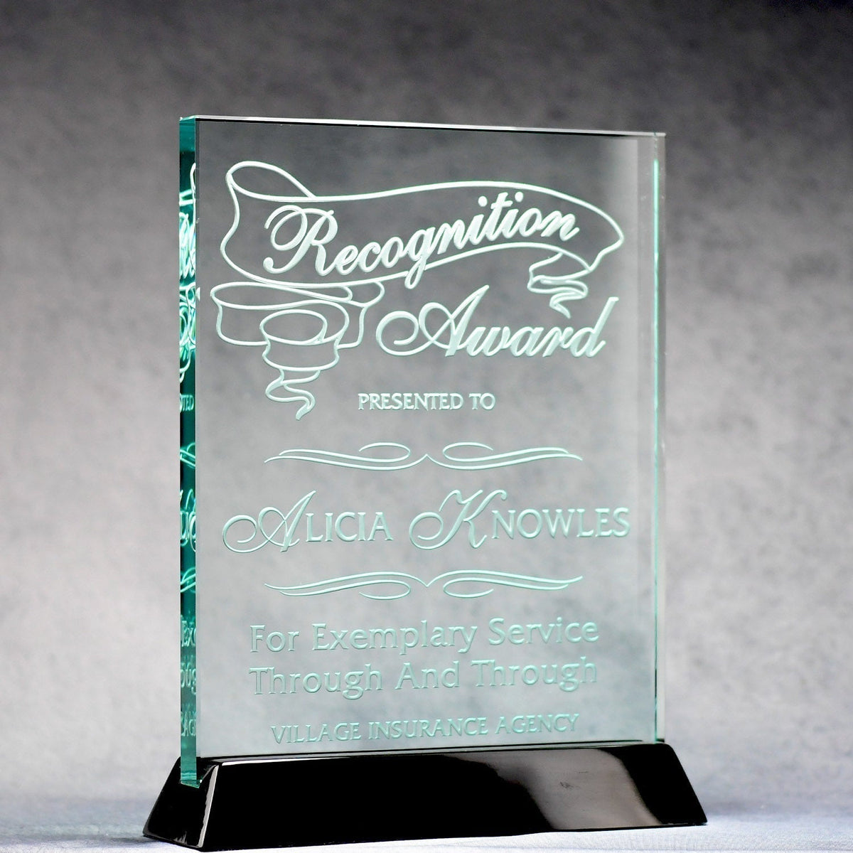 Jade Glass Plaque On Black Piano Base | Global Recognition Inc