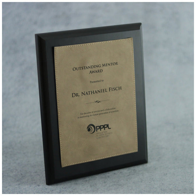 Black Economy Finish Plaque With Light Brown Lasered Leatherette Plate, right side view