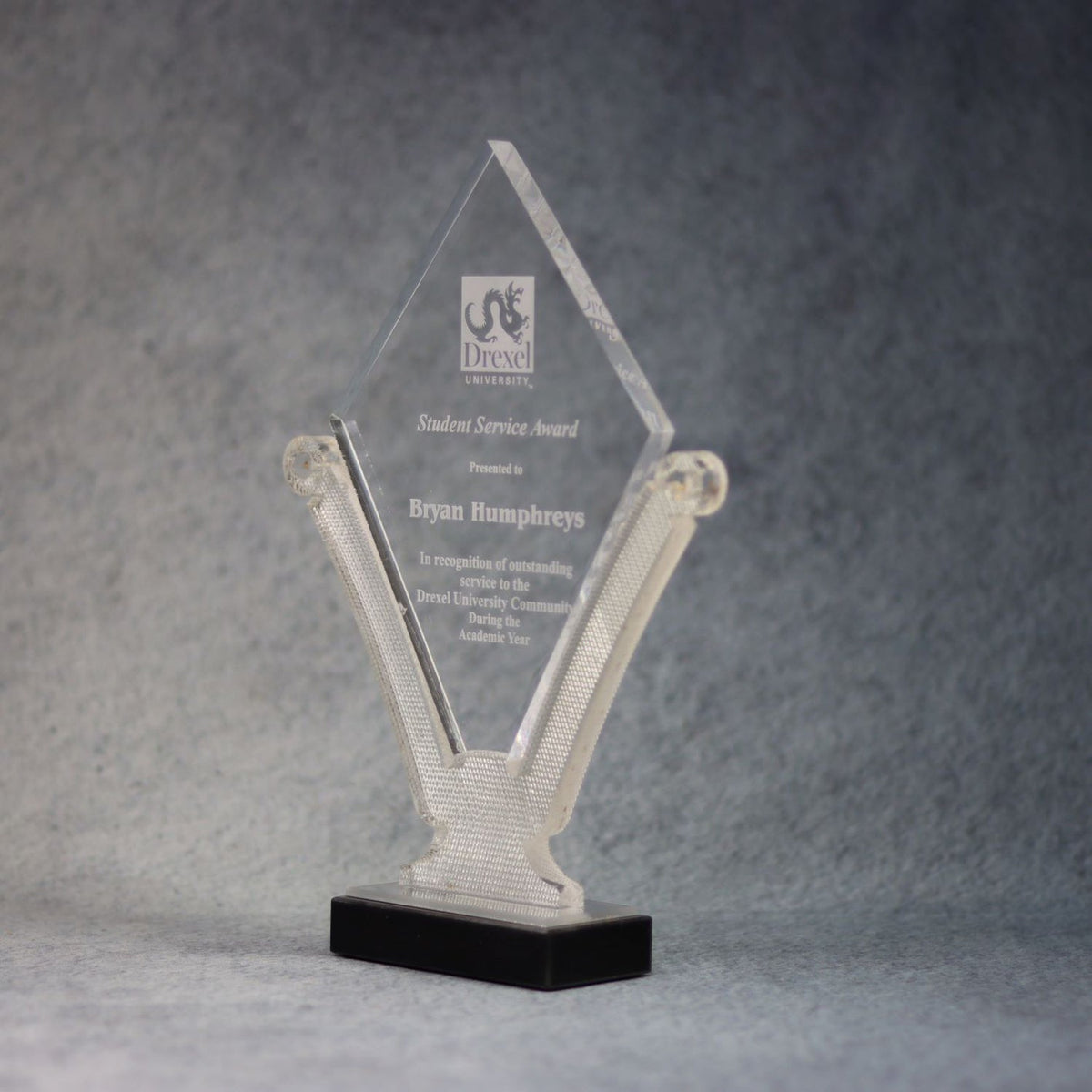Clear/Textured Acrylic Diamond Award with Base, left side view