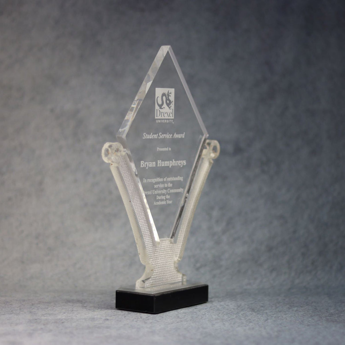 Clear/Textured Acrylic Diamond Award with Base, right side view