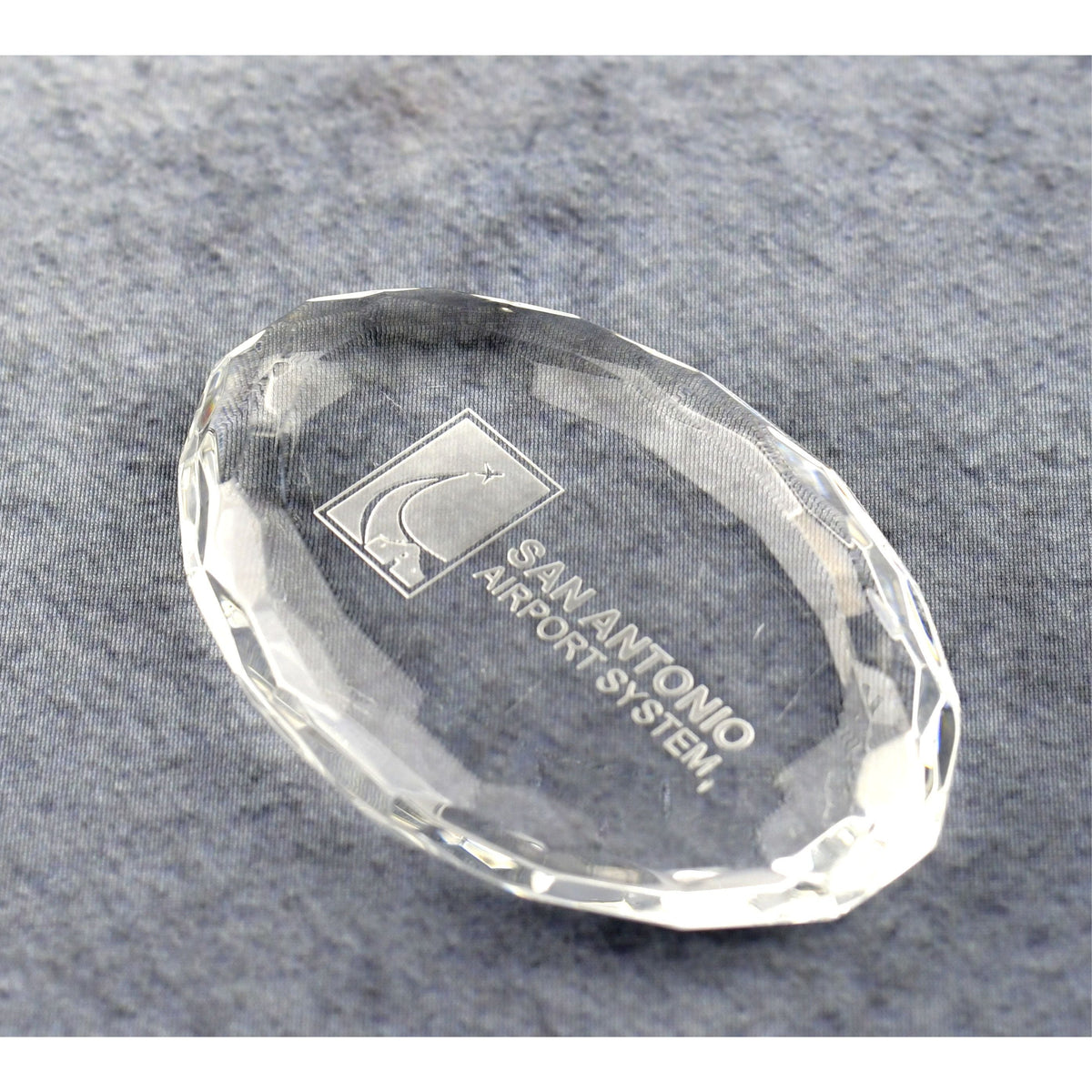 Crystal Oval Multi-Faceted Paperweight, left side view