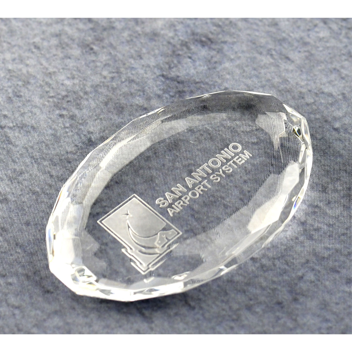 Crystal Oval Multi-Faceted Paperweight, right side view