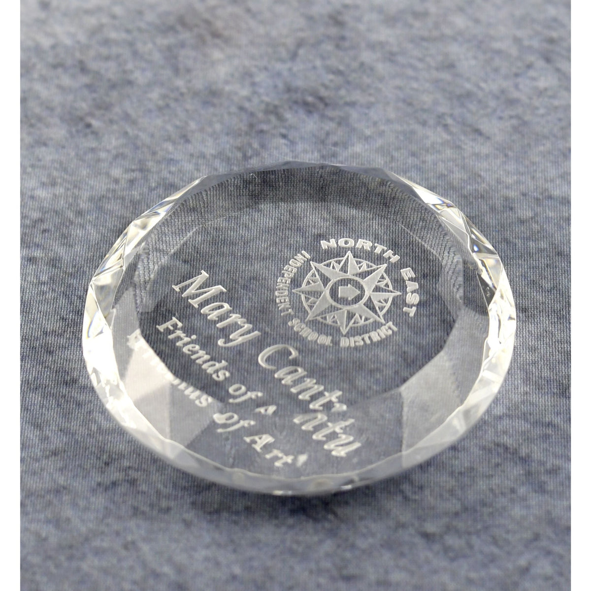 Crystal Round Multi-Faceted Paperweight, left side view