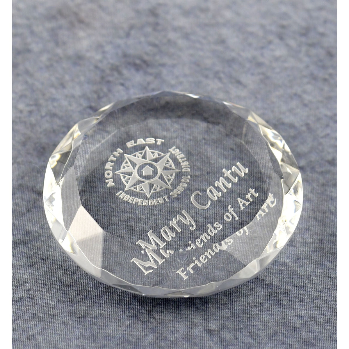Crystal Round Multi-Faceted Paperweight, right side view