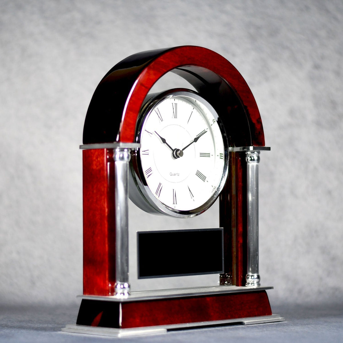 Rosewood And Silver Arched Mantle Clock, right side view