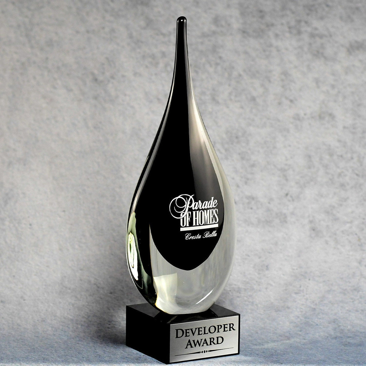 Black and Clear Art Glass Teardrop with Base, right side view