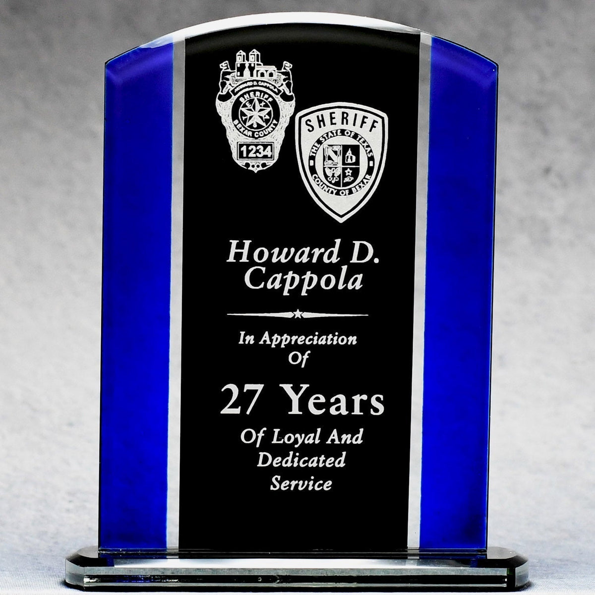 Economy Black And Blue Glass Plaque | Global Recognition Inc