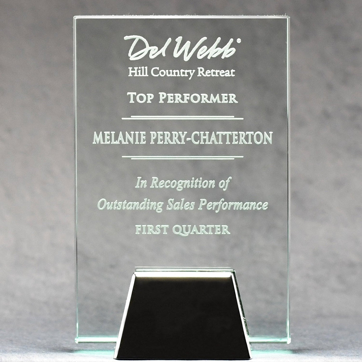 Jade Glass Plaque With Chrome Stand, 4x6, front view