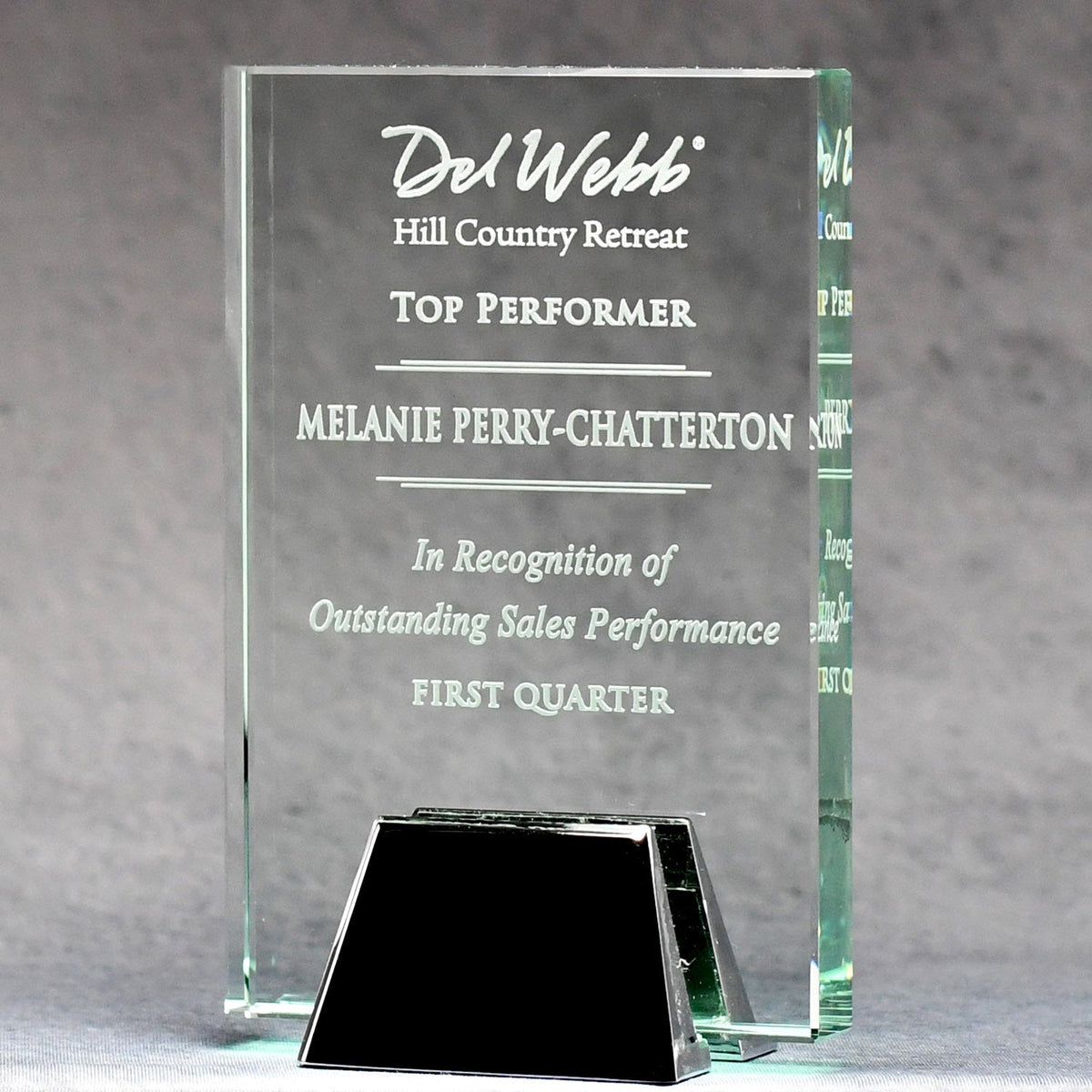 Jade Glass Plaque With Chrome Stand, 6x8, left side view