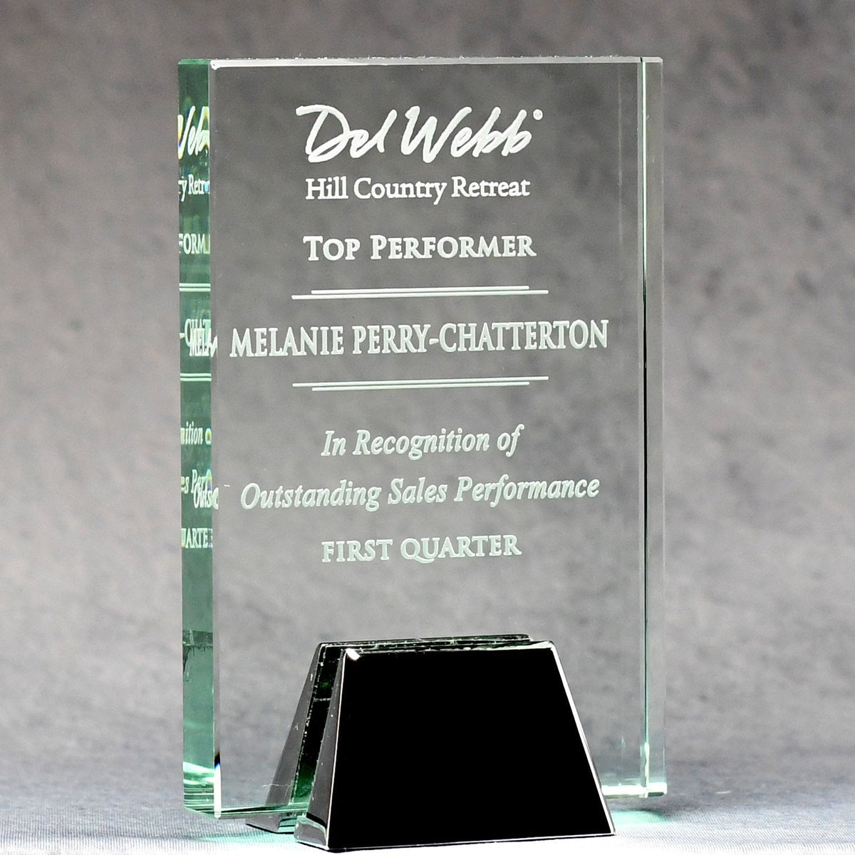 Jade Glass Plaque With Chrome Stand, 5x7, right side view