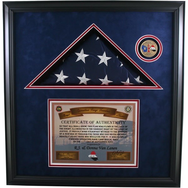 custom shadow box framing military flag and certificate