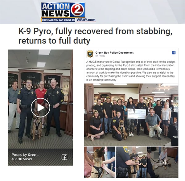 News Story - K9 Pyro is fully recovered and donation from K9 Pyro shirts