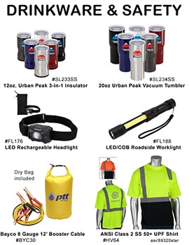 employee gift ideas - drinkware, lighting and safety