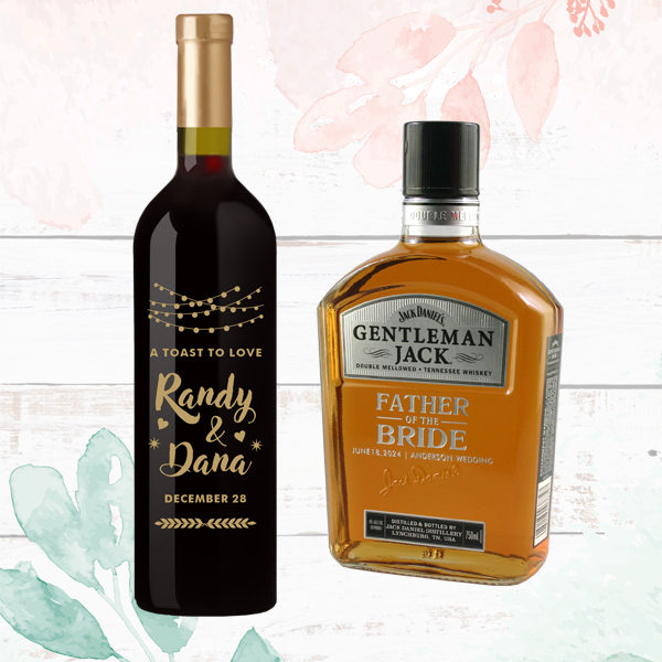 etched wine bottles and whiskey bottles