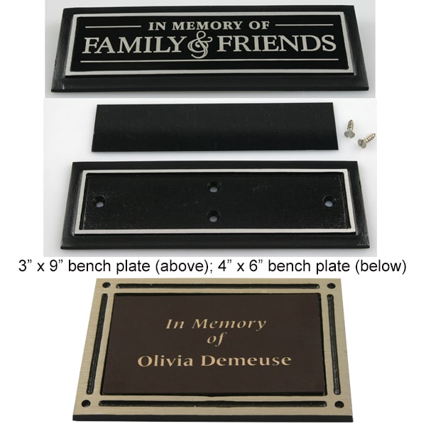 Personalized cast aluminum bench plates with flat back and your laser engraved personalization